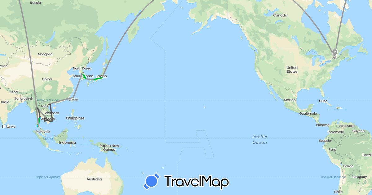 TravelMap itinerary: driving, bus, plane, boat, motorbike in Canada, Japan, Cambodia, South Korea, Thailand, Taiwan, Vietnam (Asia, North America)