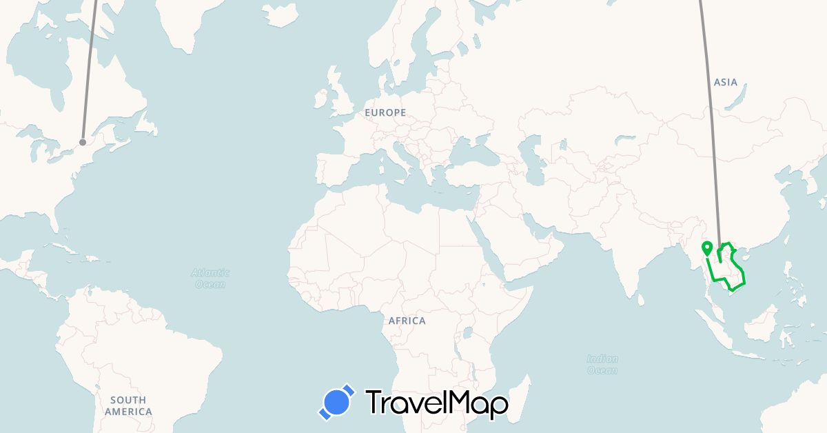 TravelMap itinerary: driving, bus, plane in Canada, Cambodia, Laos, Thailand, Vietnam (Asia, North America)